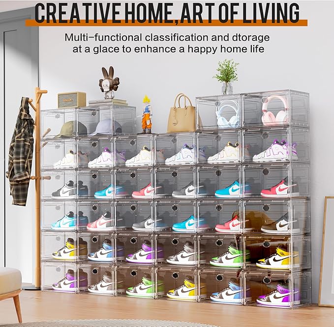 KEFA XL Shoe Storage Box Organizer, 6 Pack Shoe Boxes Clear Plastic Stackable, Sneaker Display Case Container Fit for US 13 (Side 6 PACK CLEAR)