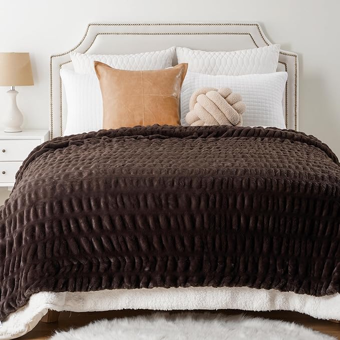 BATTILO HOME Dark Brown Faux Fur Throw Blanket for Couch, Double Side Reversible Ruched Rabbit Fur Blanket for Couch, Bed, Sofa, Soft Warm Mink Cozy Blanket, 50x60 Inch