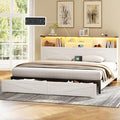 King Size Bed Frame with Bookcase Storage and Drawers, Farmhouse Bed with High Headboard, Charging Station and LED Lights, No Box Spring Needed, Noise Free, Easy Assembly, Antique White