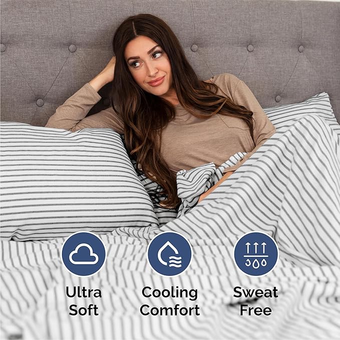 Queen 6 Piece Sheet Set - Cooling, Comfy & Breathable - Hotel Luxury Bedding, Includes Fitted Sheet for Women, Men, Kids & Teens - 1 Flat, 1 Fitted Sheet, 4 Pillowcases w/Deep Pockets - Grey Stripes
