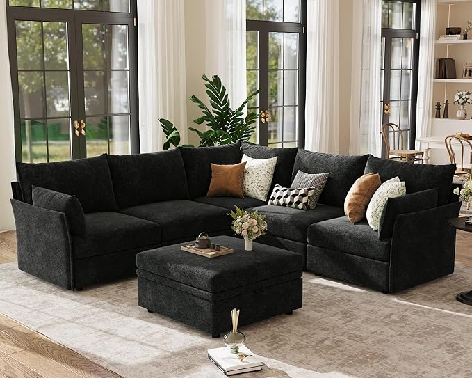 ABCASA 103.5" Oversized Modular Sectional Sofa, L Shaped Convertible Couch with Movable Ottoman, Large 6 Seat Corner Couches for Living Room Deep Seat- Black Chenille