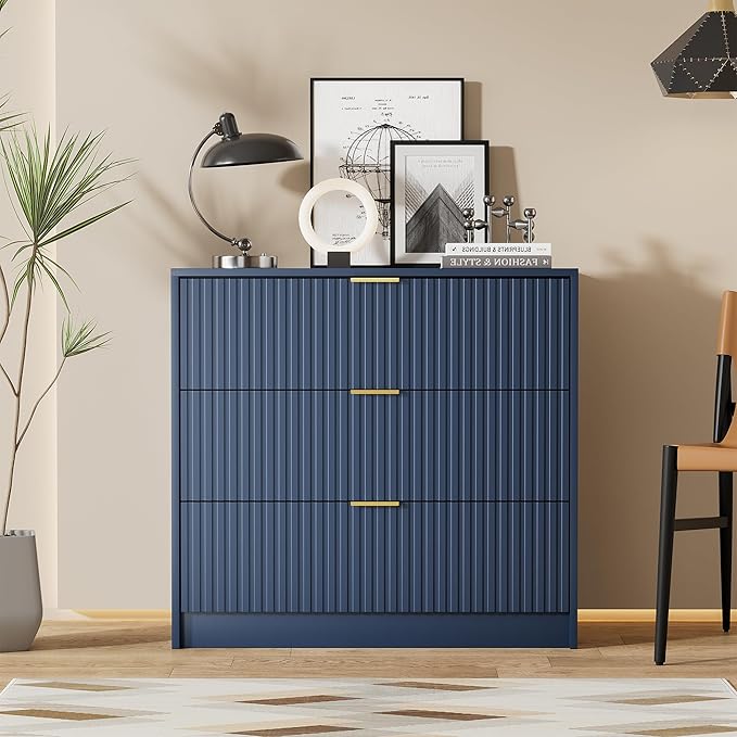 Navy Blue Dresser for Bedroom, Modern Dresser with 3 Drawers and Smooth Slides, Wide Chest of Drawers with Golden Handles for Bedroom, Living Room, Closet, 15.7" D x 31.5" W x 29.6" H