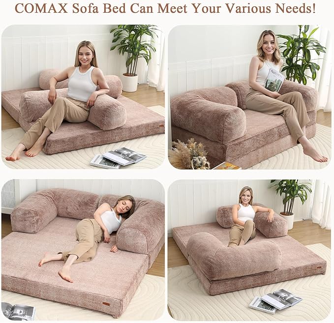 COMAX 4-in-1 Futon Sofa Bed, Queen Size Foldable Couch with L-Shaped Armrests, Convertible Sleeper Chair Bed, Comfortable Lounge Mattress for Living Room and Bedroom, Snow Brown