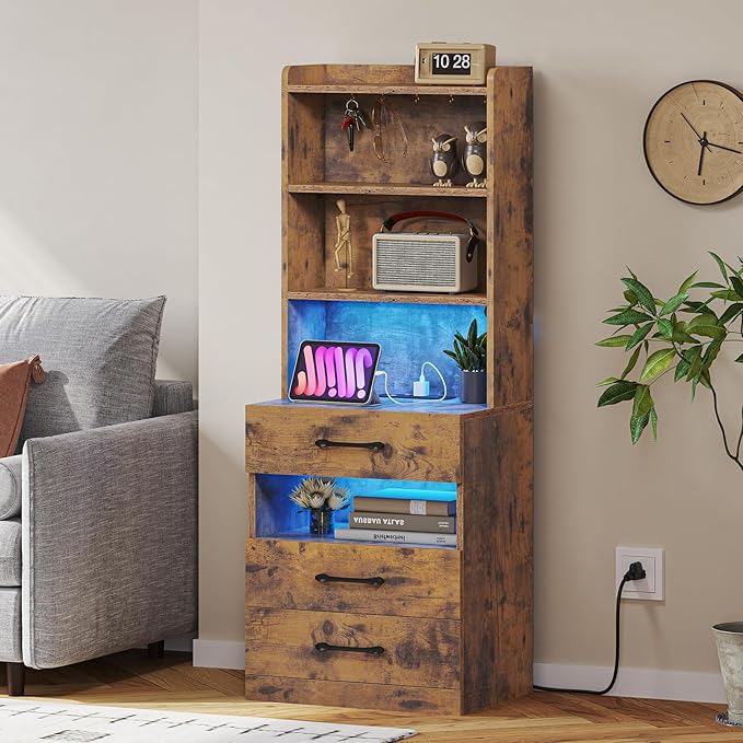 VIAGDO Tall Nightstand with Charging Station and LED Lights, Rustic Brown Night Stand with Bookshelf, Modern LED Bedside Table with 3 Drawers and Storage Shelves, End Side Table for Bedrooms, Dorms