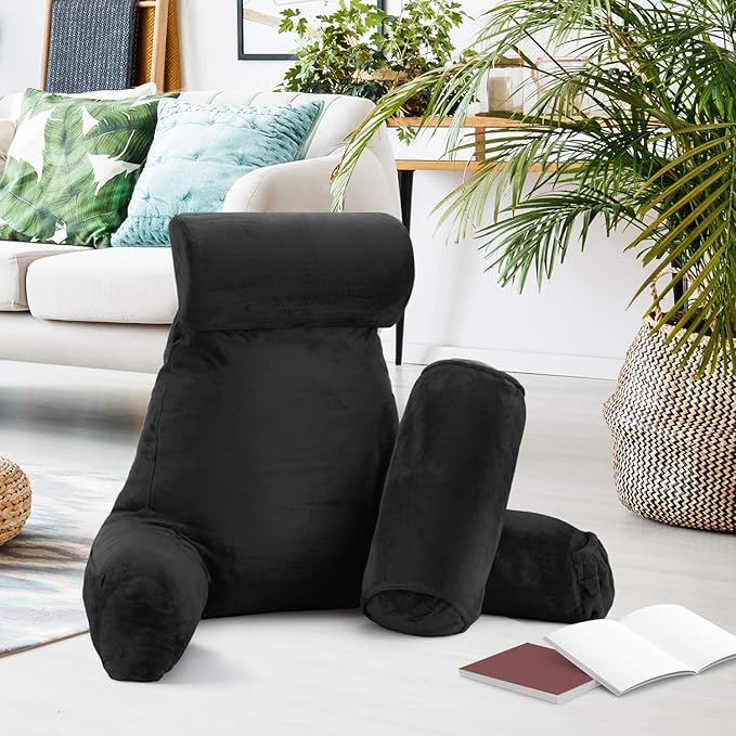 Nestl Reading Pillow with Shredded Memory Foam Includes 2 Neck and Lumber Support Pillows, Designed for Sitting Up in Bed and Couch, Back and Arms Adjustable Support for Adult & Teens, Black