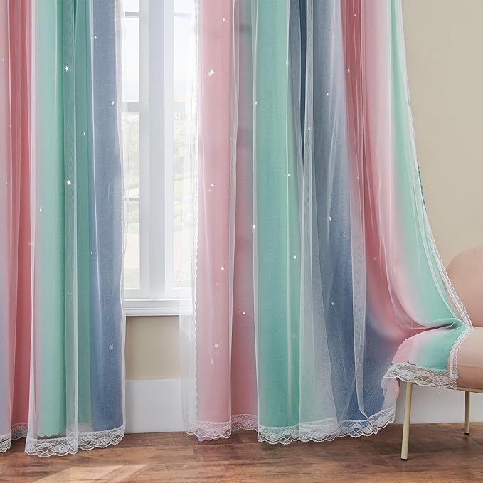 XiDi Curtains for Bedroom Decor, Rainbow Pinkgreen grey34/54