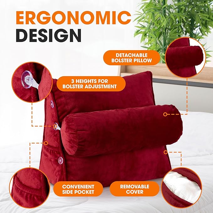 Cheer Collection Reading Wedge Pillow - Adjustable Wedge Reading Pillow with Neck Support, Hollow Fiber-Filled Backrest Pillow for Reading, Gaming, and TV Watching, Maroon