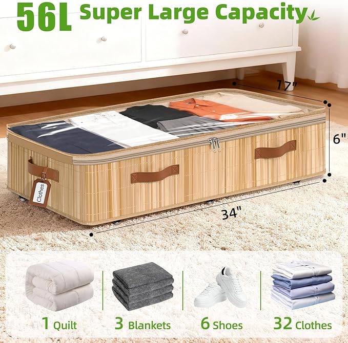 Livole Bamboo Under Bed Storage with Wheels, 6 inches Underbed Storage Containers, 56L XXL Rolling Under Bed Storage Bins with Clear Lid & Label for Clothes, Blankets, Sweater, Shoes, 1 Pack