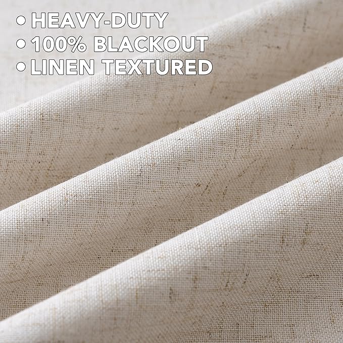 H.VERSAILTEX Linen Curtains 100% Blackout Curtains for Bedroom 45 inch Long Full Light Blocking Nature Linen Blended Window Curtains for Living Room Nickel Grommet (2 Panels, Heathered Natural)
