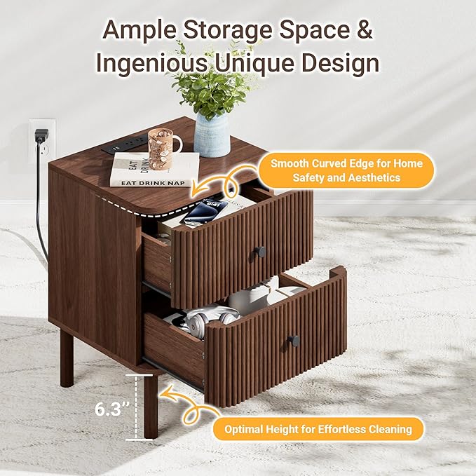 Night Stand Set of 2 with Charging Station, 18" Fluted Nightstand with Rounded Corners & Solid Wood Legs, 2 Drawers End Table, Mid Century Modern Bedside Table for Bedroom, Walnut