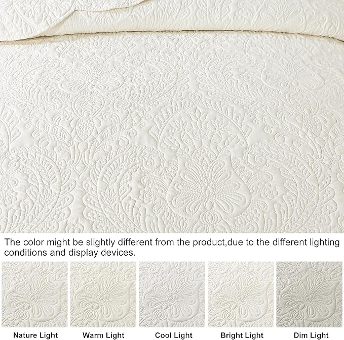 HoneiLife Queen Quilt Bedding Set - Microfiber Quilt Sets for Queen Bed, 3-Piece Lightweight Bedspreads,Reversible Coverlets Rustic Bedlinen Sets, Floral Bedding Set All Season Quilts-Beige
