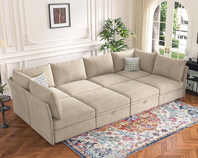 ABCASA 136.4" Oversized Modular Sectional Sleeper Sofa Bed, U Shaped Convertible Couch with Movable Ottoman, Large 8 Seat Corner Couches for Living Room Deep Seat Beige Chenille