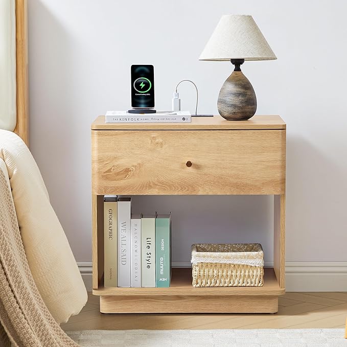 Narrow Nightstand Set of 2, Wooden Small 2 Drawer Nightstand, Slim Side End Table, Skinny Bedside Table, Mid Century Modern Night Stand with Drawers, for Living Room (Natural-Charging Station-2 pcs)