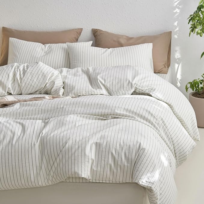 MooMee Striped Duvet Cover Set 100% Washed Cotton Linen Like Textured Breathable Durable Soft Comfy (White Sage Green Wide Stripes, Cal King 104"x98")