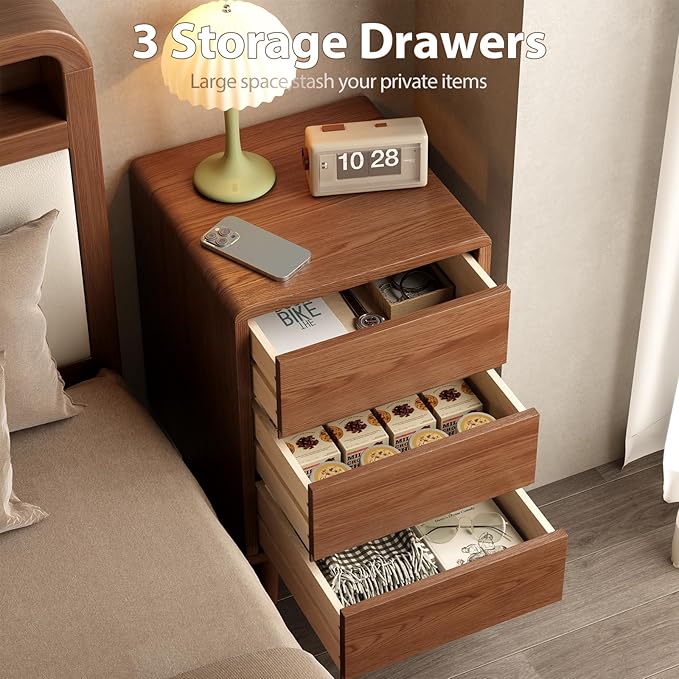 Tall Nightstand Walnut Night Stand with 3 Drawers Mid Century Modern Nightstand with Storage,Solid Wood Night Stand,Small Bedside Table for Bedroom,Living Room,Office,Walnut Bedside Table