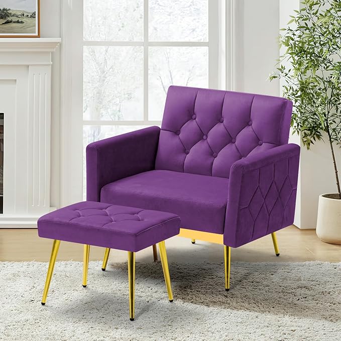 Velvet Accent Chair w/Adjustable Armrests and Backrests, Tufted Single Sofa with Ottoman, Upholstered Reading Chiar for Living Room, Apartment, Bedroom, Purple