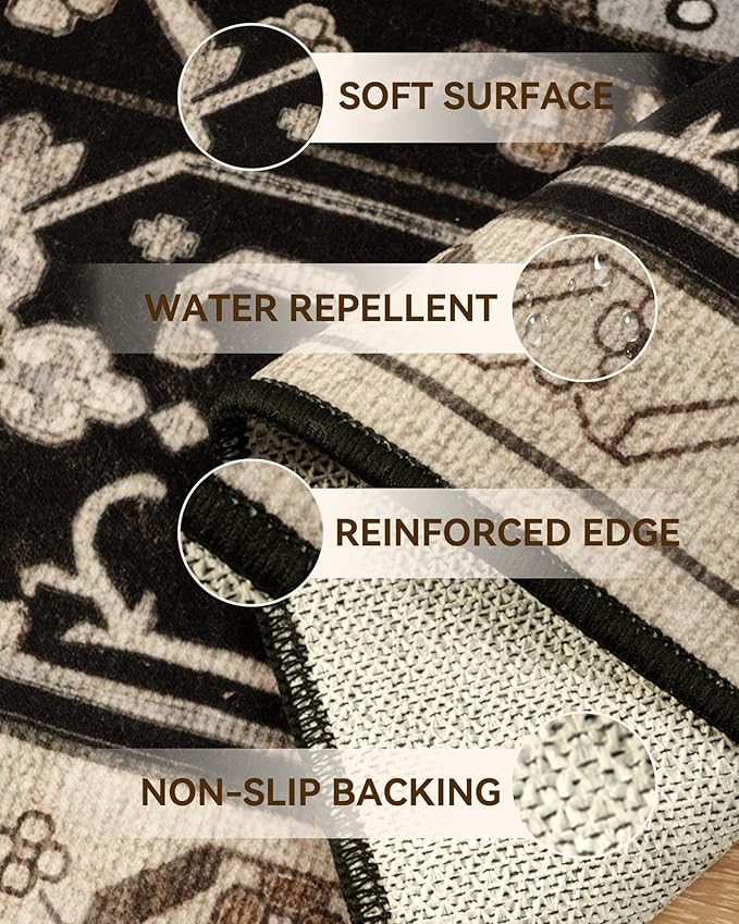 Area Rugs 2'x6' Washable Non-Slip, Floral Vintage Distress Print Pattern Medallion Carpet for Living Room Bedroom Dining Room, Black Brown Neutral Dark Tan