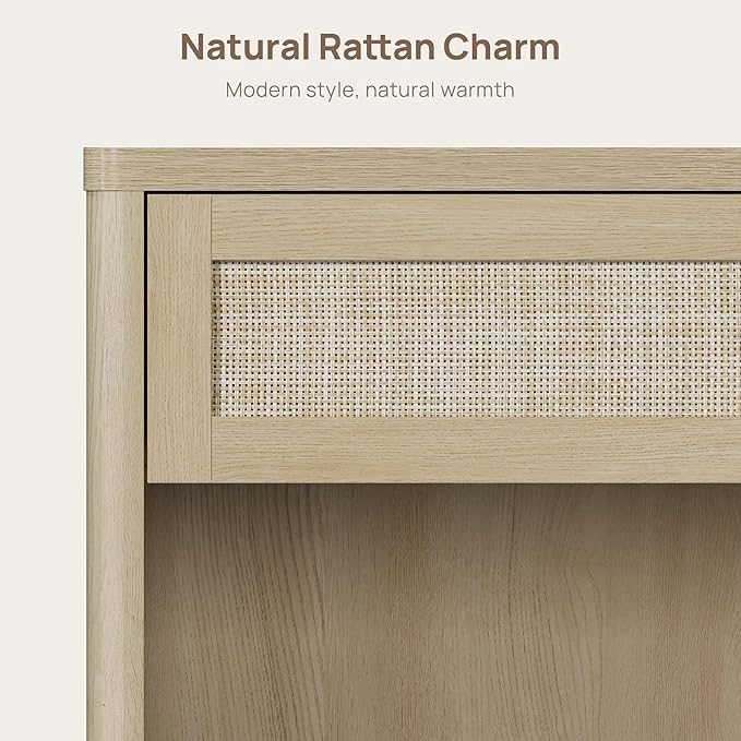 SICOTAS Night Stand 26" Wide Large Nightstands with Drawer & Shelf Storage Rattan Bedside Table Boho End Table Tall Bed Side Tables Night Stands for Bedroom Living Room Sofa Office Dorm, Sand Oak