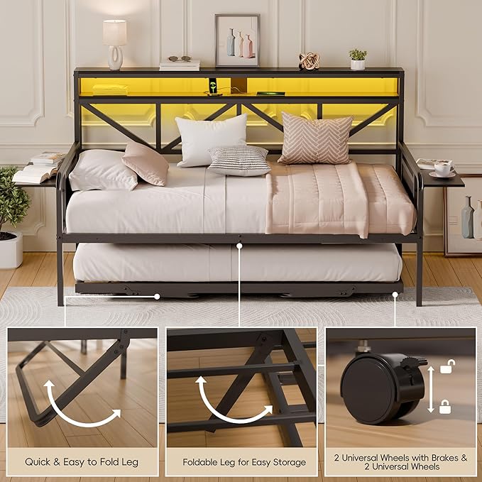 Daybed with Trundle, Heavy Duty Metal Twin Bed Frame with LED Lights & 2-Tier Storage Shelves, Sofa Day Bed with Charging Station & Tabletop for Living Room, Bedroom, Guest Room (Black)