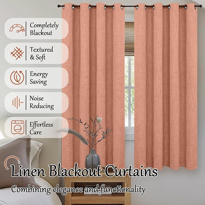 60 Inch Wide Linen Blackout Fall Curtains for Bedroom, Terracotta Curtains 63 Inch Long 2 Panels, Total Black Out Thermal Insulated Energy Saving Boho Window Drapes, 60x63 Inch 2 Panels