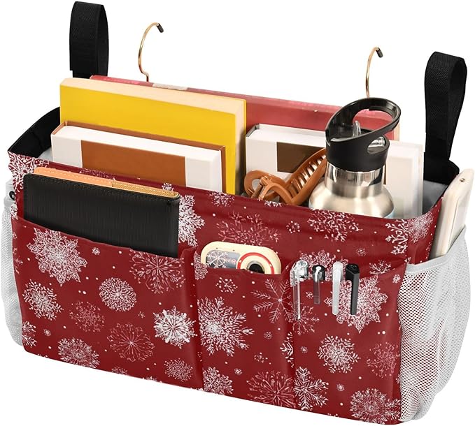 Bedside Caddy Hanging Bunk Bed Caddy Bed Organizer Hanging Pocket with 2 Hooks Bedside Storage Organizer Pocket Bag Holder Red Christmas Snowflakes