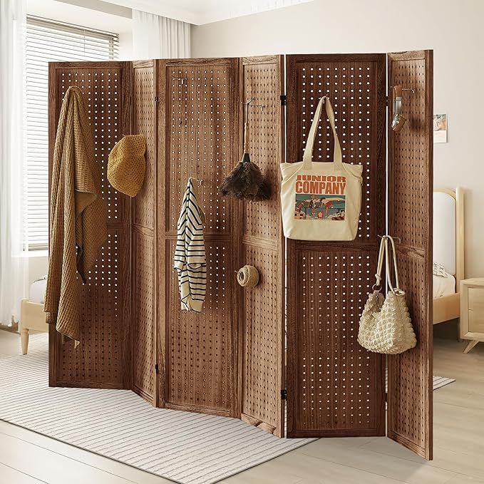 6 Panel Pegboard Display with 24 Hooks,Partition Room dividers, Wooden Room Divider Wall and Folding Privacy Screens, Pegboard Room Divider, Bedroom, Balcony, Dark Brown
