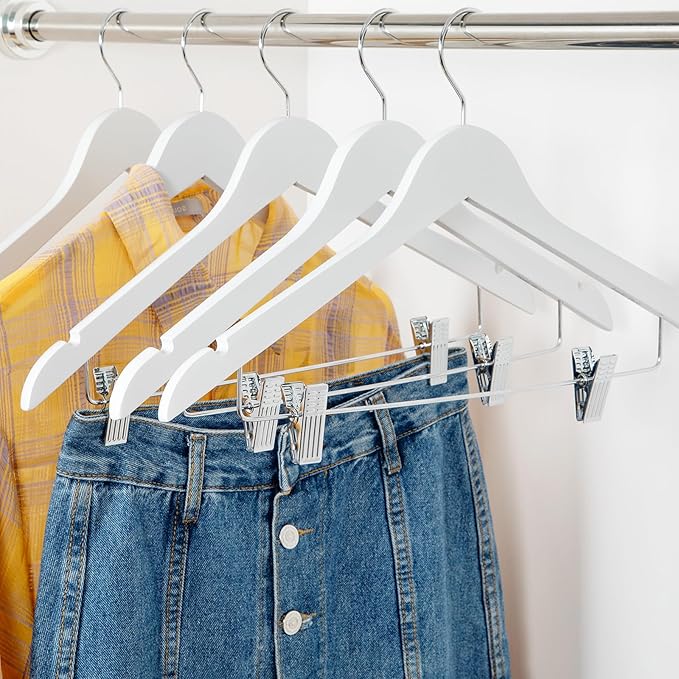 TOPIA HANGER Wooden Suit Hangers with Adjustable Metal Clips (20 Pack), Solid Smooth Wood Clothes Hangers, 360° Swivel Hook, Premium Pants Hangers for Clothes Coat, Jeans, Blouse-White,CT28W20