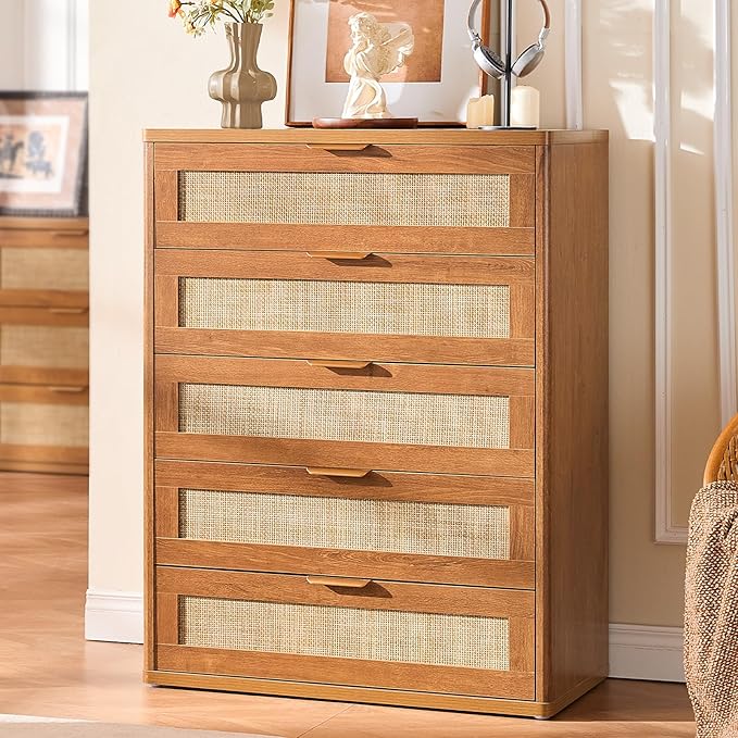 LEYAOYAO Rattan Dresser and Nightstand Sets 3, Boho Wood Dresser for Bedroom with 6 Drawers and Night Stand with 3 Drawer, Bedroom Furniture, Dressers & Chests of Drawers, Living Room, Hallway
