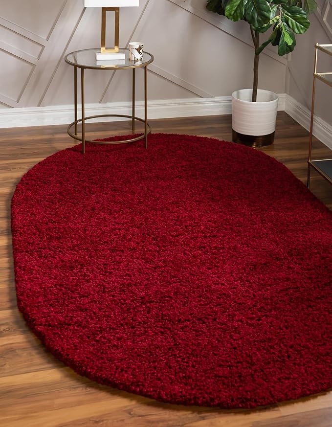 Unique Loom Solid Shag Collection Area Rug (5' 1" x 8' Oval, Cherry Red)