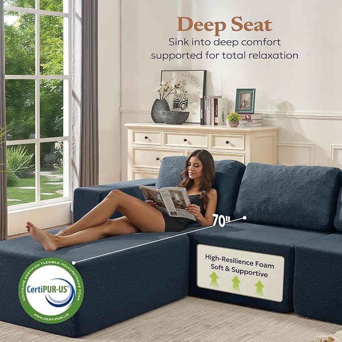 106" Modular Sectional Couch Left/Right Facing Convertible, L-Shape Modern Teddy Sofa, Deep Seat Upholstered Foam Couch for Living Room Bedroom, No Assembly Required (Blue, Teddy Boucle)