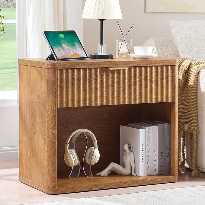 LEYAOYAO 31" Wide Fluted Nightstand Set of 2 with Charging Station, Oversized Extra Large 1 Drawer Night Stand with Golden Handle, Brown Wood Bedside Table Tall End Tables,for Bedroom, Living Room