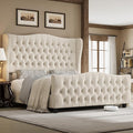Keyluv King Size 54.3” Tall Platform Bed Frame with Deep Button Tufted Wingback Headboard and Footboard, Velvet Upholstered Bed Frame with Handmade Pleats, No Box Spring Needed, Beige/Cream