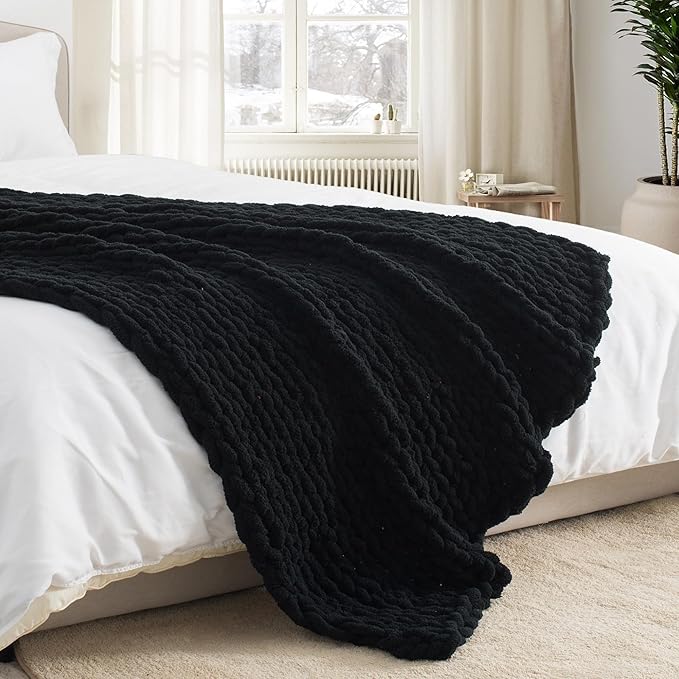 Chunky Knit Throw Blanket 60"X 80", 100% Handmade with Soft Chenille Yarn, 6.7lbs Thick Cable Knitted Blankets, Large Rope Knot Crochet Throws for Couch Sofa Bed Home Decor, Black