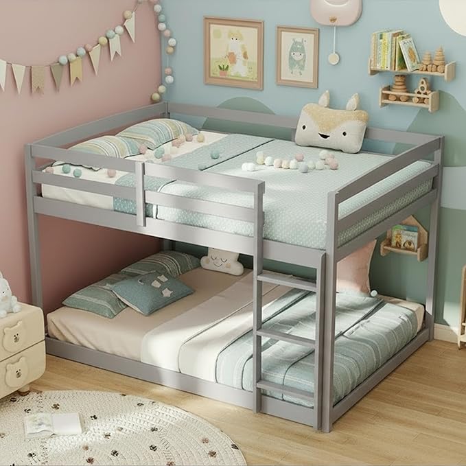 KOMFOTT Low Bunk Bed Full Over Full, Solid Wood Full Bed Frame with Built-in Ladder & Safety Guardrails, No Box Spring Needed, Space-Saving Low Bunk Bed for Kids & Teens