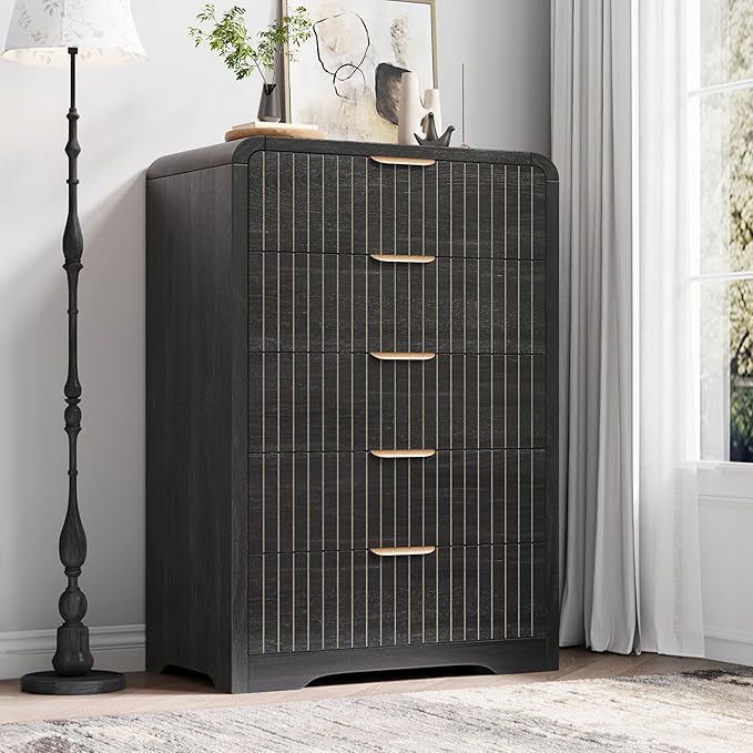 Fluted 5 Drawer Dresser for Bedroom, 43" Tall Dressers & Chests of Drawers Curved Profile Design, Wood Mid Century Vertical Dresser Natural Texture for Bedroom, Black Dresser