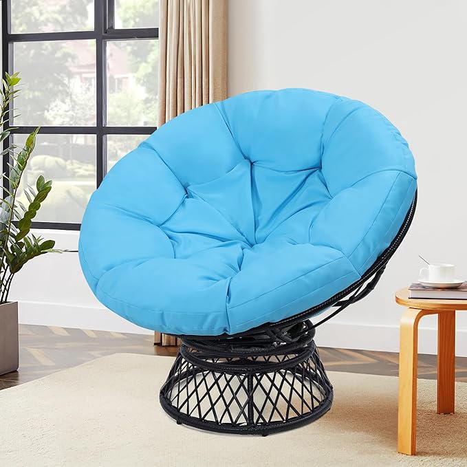 46" Giant Oversized Rattan Papasan Chair with Cushion and Frame for Adults, Fluid 360° Swivel, Waterproof, Black Frame with Blue Cushion