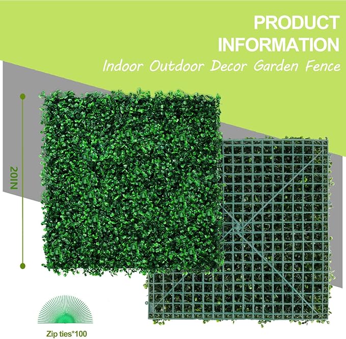 AOKIE 20"X20" Artificial Grass Wall, 16Pcs Boxwood Hedge Wall Panels UV-Anti Grass Backdrop Wall Decor, Greenery Privacy Hedge Screen for Indoor Outdoor Patio Balcony, Party Garden Fence Decor