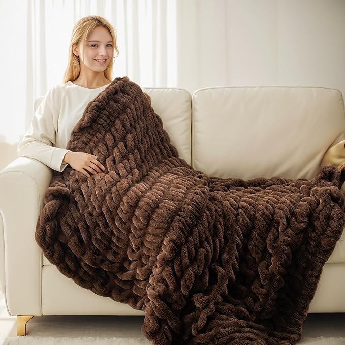 BATTILO HOME Rust Brown Faux Fur Throw Blanket for Bed, Large Double Side Reversible Ruched Rabbit Fur Blanket for Couch, Living Room, Soft Warm Mink Cozy Blanket, 60x80 Inch