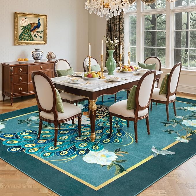 Lahome Peacock Area Rugs 8x10, Soft Washable 8x10 Rugs for Living Room, Floral Non Slip Vintage Ultra-Thin Stain Resistance Large Blue Carpet for Bedroom Office Farmhouse Dining Room, Blue