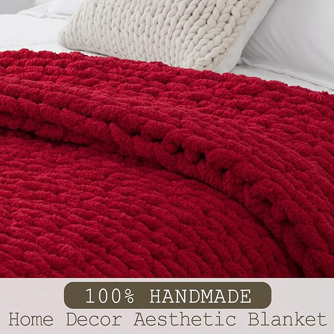 Chunky Knit Throw Blanket 50"X 60", 100% Handmade with Soft Chenille Yarn, 4.4lbs Thick Cable Knitted Blankets, Large Rope Knot Crochet Throws for Couch Sofa Bed Home Decor, Red