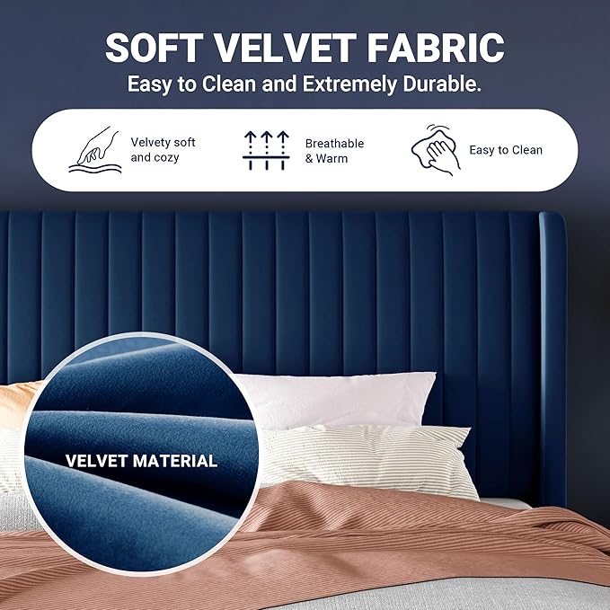 Allewie King Size Velvet Bed Frame/Vertical Channel Tufted Wingback Headboard/Upholstered Platform Bed/Strong Wooden Slats/No Box Spring Needed/Easy Assembly/Blue