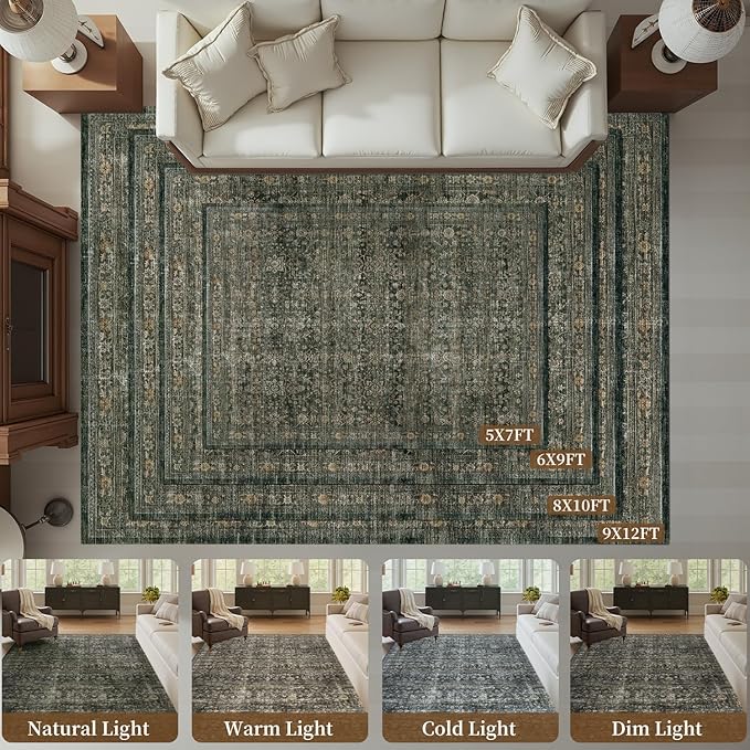 MontVoo-Vintage Area Rugs 8X10 Green Rugs for Living Room-Soft Distressed Printed Rugs for Bedroom-Non Slip Carpet-Machine Washable Rug for Dining Room Living Room Bedside Office