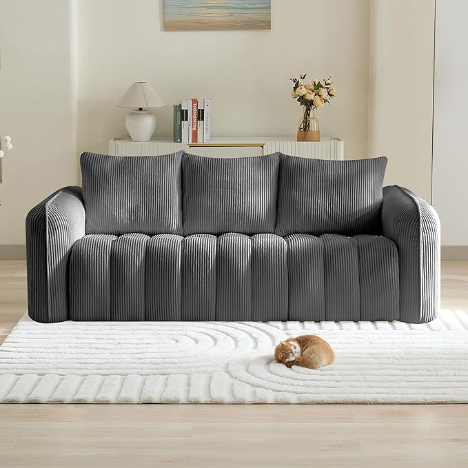 83'' Boneless Corduroy Sofa, Oversized 3 Seater Deep Seat Couch with Rounded Armrest, Modern Upholstered Cloud Sofa for Living Room, No Assembly, Grey