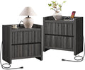 SICOTAS Night Stand Set of 2-Fluted Nightstands with Charger Station-Large Nightstand Bedside Table End Table with 2 Drawers, 25" Wide Mid Century Modern Night Stands for Bedroom-Black Oak