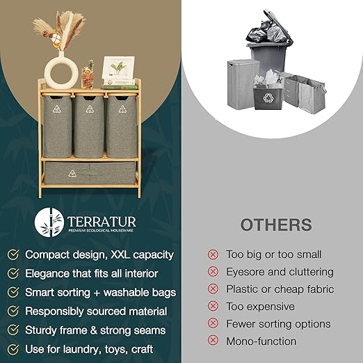 Terratur 4 Section Recycling Bin for Kitchen – Trash and Recycle Bin Combo for Paper, Plastic, Cans – Indoor Recycling Station – Large Kitchen Trash Can – Office Trash and Recycle Bin Organizer