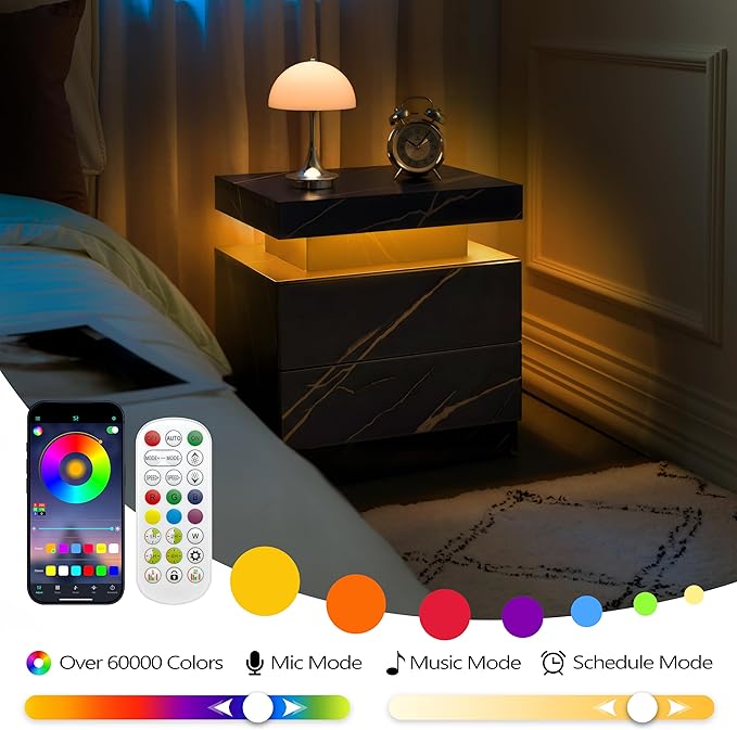 LED Bedside Table with 2 Drawers, Modern Nightstand Cabinet for Bedroom, End Side Table with Lights