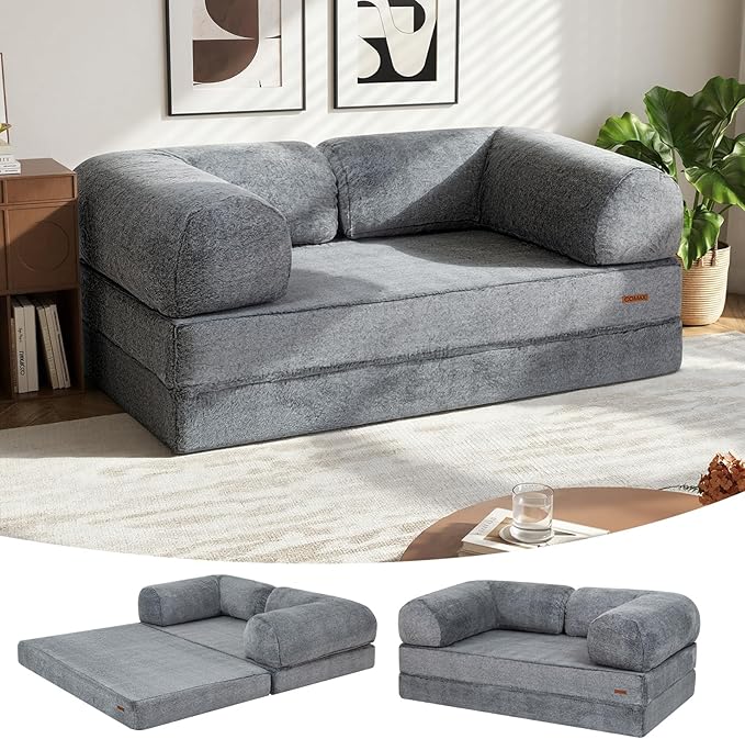COMAX 4-in-1 Futon Sofa Bed, Queen Size Foldable Couch with L-Shaped Armrests, Convertible Sleeper Chair Bed, Comfortable Lounge Mattress for Living Room and Bedroom, Snow Grey