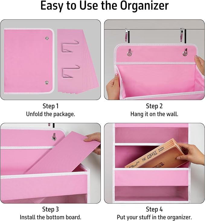 TYMENSH Over The Door Hanging Organizer with 4 Large Pockets – Closet, Bathroom, Nursery, Bedroom, Dorm Storage for Toys, Cosmetics, and Baby Essentials, Pink