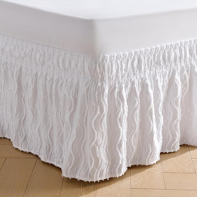 MIYE Wavy Tufted Bed Skirt - Wrap Around Dust Ruffle with Elastic Belts - 12.5 Inch Drop Easy to Put On - Bedskirt Machine Washable ＆ Wrinkle Resistant(Wavy/White, King/Queen-12.5 Drop)
