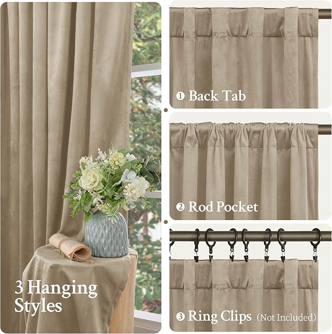 LAMIT Taupe Velvet Curtains 120 Inch for Living Room, Thick Thermal Insulated Room Darkening Drapes Super Soft Elegant Back Tab and Rod Pocket Panels for Sliding Glass Door, 2 Panels, 52 x 120 Inch